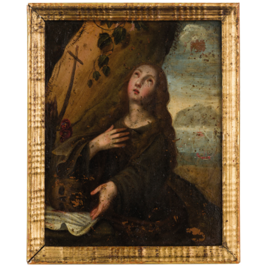 PITTORE FIAMMINGO DEL XVI SECOLO Maddalena penitente <br>Olio su rame, cm 25,5X20