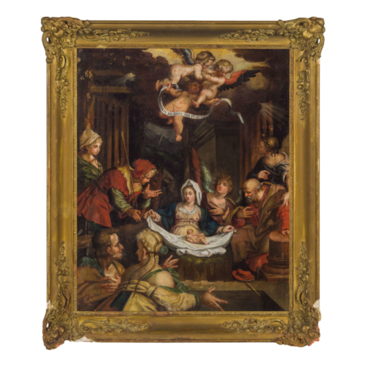 HANS VON AACHEN (bottega di) (Colonia, 1551 /1552 - Praga, 1615)<br>Natività di Gesù con angeli e 