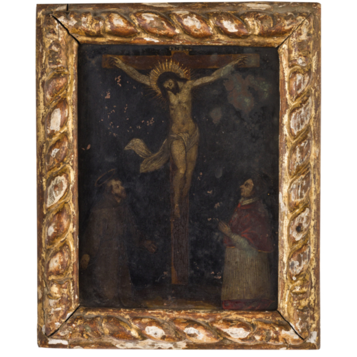 PITTORE DEL XVIII SECOLO Crocifissione con santi Francesco e Carlo Borromeo<br>Olio su rame, cm 17,5