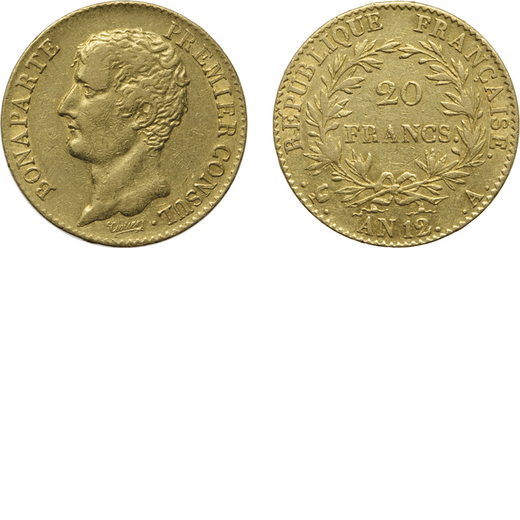 ZECCHE ESTERE. FRANCIA. NAPOLEONE PRIMO CONSOLE (1799-1804). 20 FRANCHI AN 12 A<br>Oro, 6,42 gr, 21 