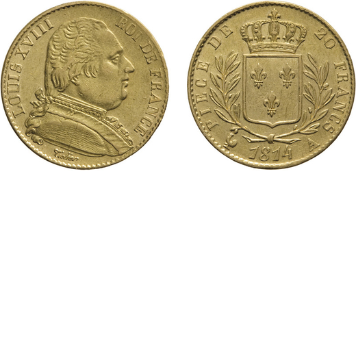 ZECCHE ESTERE. FRANCIA. LUIGI XVIII (1814-1815) 20 FRANCHI 1814 PARIGI<br>Oro, 6,45 gr, 21 mm. BB+<b