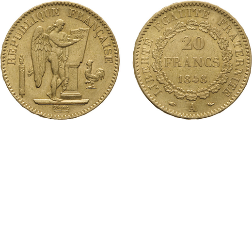 ZECCHE ESTERE. FRANCIA. SECONDA REPUBBLICA (1848-1852). 20 FRANCHI 1848 PARIGI<br>Oro, 6,43 gr, 21 m