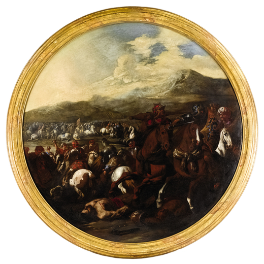 ANIELLO FALCONE  (Napoli, 1607 - 1656) <br>Scena di battaglia tra cavallerie turche e cristiane<br>O