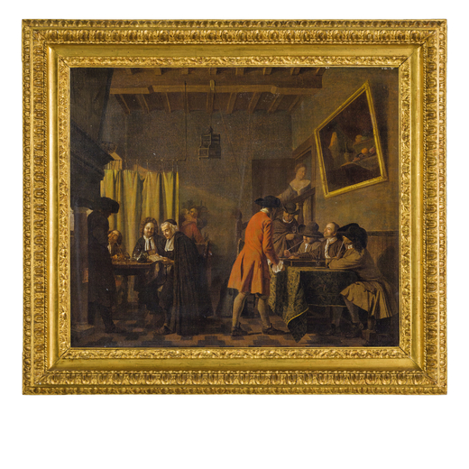 PITTORE FIAMMINGO DEL XVII-XVIII SECOLO Scena di interno<br>Olio su tela, cm 50,5X58,5