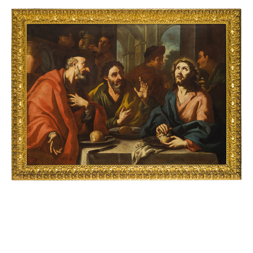 PITTORE LOMBARDO DEL XVII - XVIII SECOLO Cena in Emmaus<br>Olio su tela, cm 127X181,5<br>Provenienza