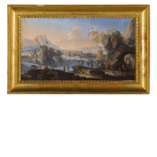 ADRIEN VAN DER CABEL (Rijswijk, 1631 - Lione, 1705)<br>Paesaggio costiero<br>Olio su tela, cm 27X49