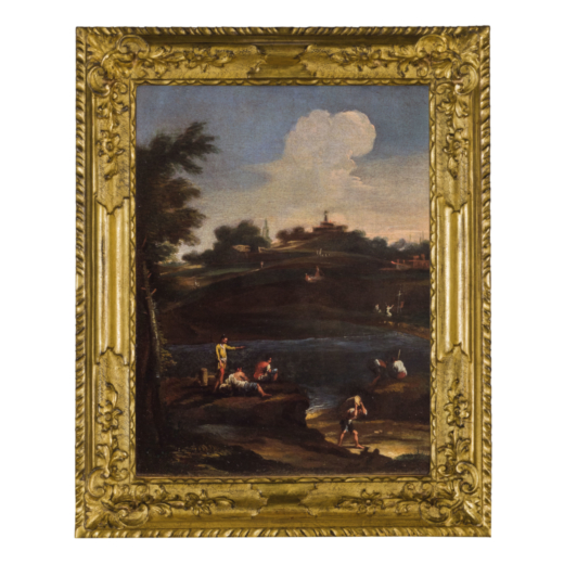 MARCO RICCI (attr. a) (Belluno, 1676 - Venezia, 1730)<br>Paesaggio con figure <br>Olio su tela, cm 3
