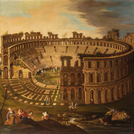 JACOPO FABRIS (maniera di) (Venezia, 1689 - Copenaghen, 1761)<br>Veduta del Colosseo<br>Olio su tela
