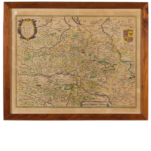 INCISIONE ACQUARELLATA, XIX SECOLO carta geografica Comitatus Mansfeldia in cornice di legno; usure,