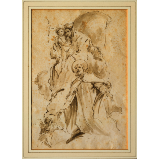 PITTORE DEL XVIII SECOLO Madonna con il Bambino e Santo<br>Bistro e acquerello su carta, cm 38X26
