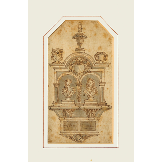 PITTORE DEL XVIII SECOLO Progetto di monumento funerario<br>Matita, penna e acquarello su carta, cm 
