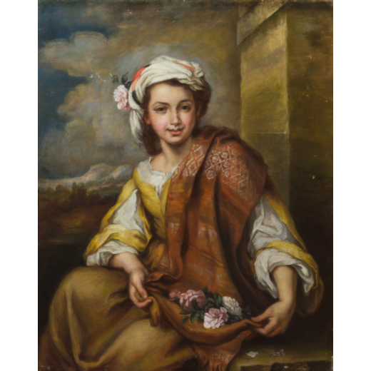 PITTORE DEL XIX SECOLO <br>Paesaggio con donna orientale <br>Pastello su tela applicata su tavola, c