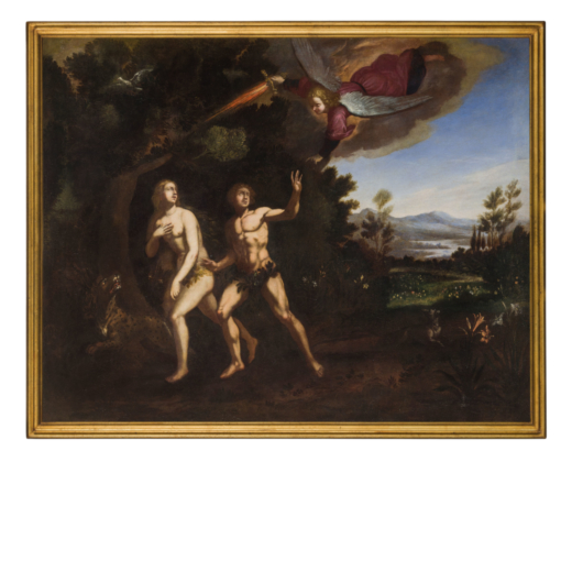 BERNARDINO CESARI (attr. a) (Arpino, 1571 - Roma, 1622)<br>Cacciata dal Paradiso<br>Olio su tela, cm