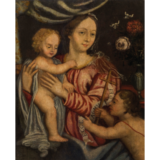 PITTORE DEL XVII-XVIII SECOLO Madonna con Bambino e San Giovannino<br>Olio su tela, cm 73X59