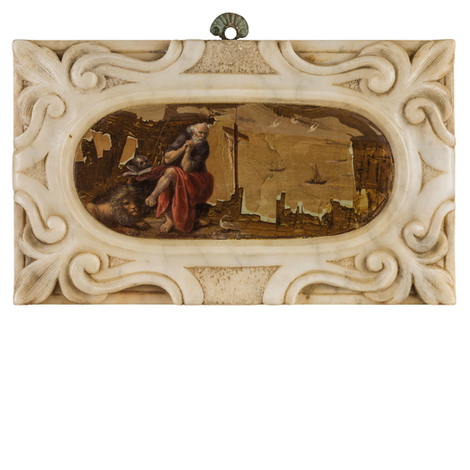 PITTORE FIORENTINO DEL XVII-XVIII SECOLO San Girolamo<br>Olio su pietra paesina, cm 10X23, con corni