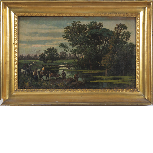 FRANCESCO LOJACONO Palermo 1838 - 1915<br>Paesaggio lacustre con viandanti e animali<br>Firmato F Lo
