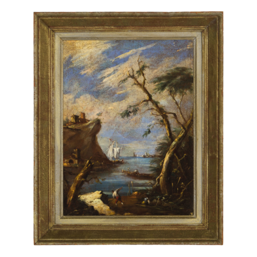 FRANCESCO GUARDI (seguace di) (Venezia, 1712 - 1793)<br>Paesaggio<br>Olio su tela, cm 46,5X34