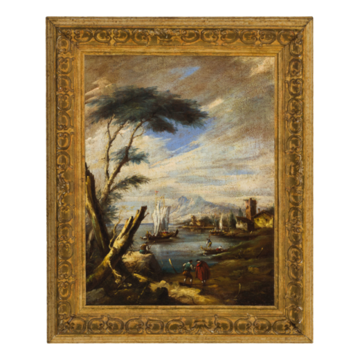FRANCESCO GUARDI (seguace di) (Venezia, 1712 - 1793)<br>Paesaggio con figure e barca<br>Olio su tela