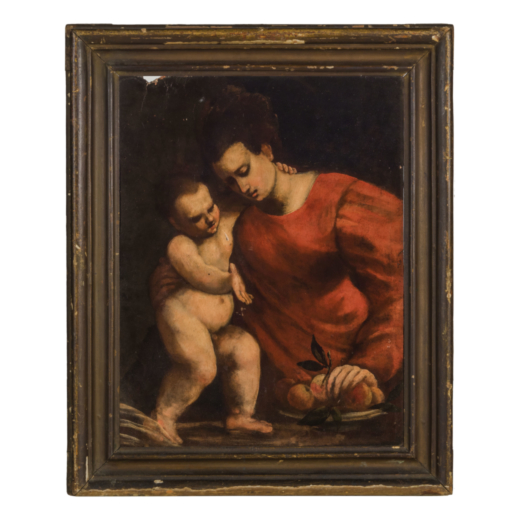 PITTORE EMILIANO DEL XVI-XVII SECOLO Madonna col Bambino <br>Olio su tavola, cm 60X45