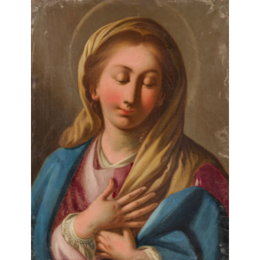 ANTONIO SARNELLI  (Napoli, 1712 - 1800) <br>Madonna<br>Olio su carta applicata su tavola, cm 43X33