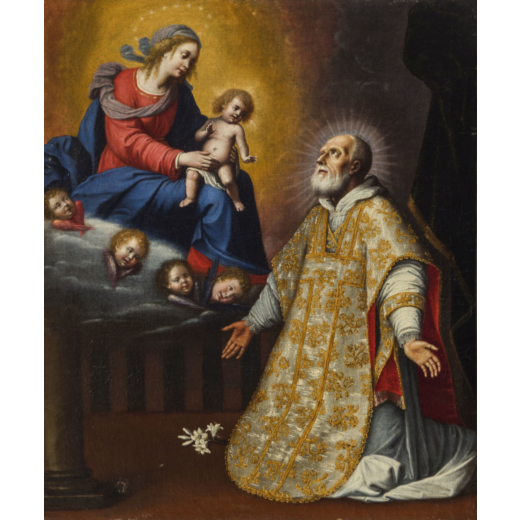 MARIO BALASSI  (Firenze, 1604 - 1667)<br>Madonna con il Bambino e San Filippo Neri<br>Olio su tela, 