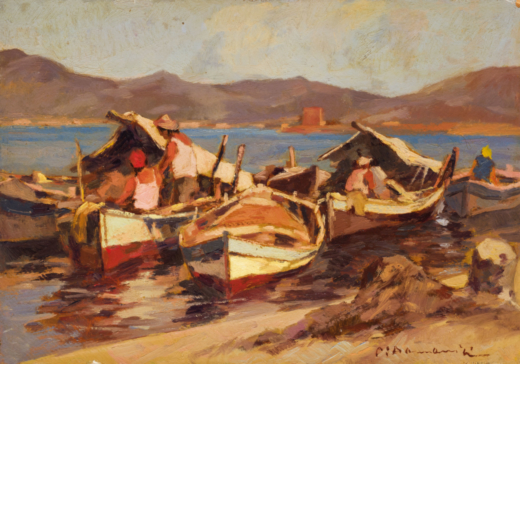 CARLO DOMENICI Livorno, 1898 - Valdana di Portoferraio, 1981<br>Barche con pescatori sulla riva <br>