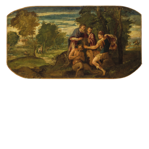 GIULIO LICINO  (Venezia, 1527 - 1591)<br>Apollo e Pan<br>Olio su tela, cm 31X57