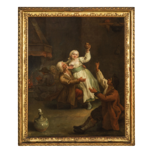 PIETRO FALCA detto PIETRO LONGHI (Venezia, 1701 - 1785)<br>Lallegra coppia<br>Olio su tela, cm 61X50