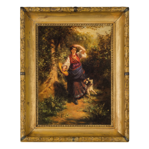 RUDOLF KOLLER Zurigo, 1828 - 1905<br>Paesaggio con figura e cagnolino  <br>Firmato R Koller 1861 in 