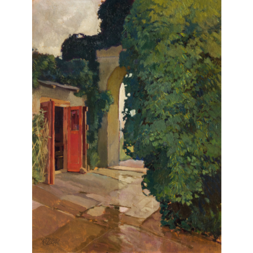 VITTORIO GRASSI Roma, 1878 - 1958<br>La porta rossa sul cortile <br>Firmato Vittorio Grassi in basso