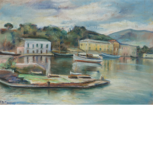 PITTORE DEL XX SECOLO <br>Paesaggio lacustre con barche <br>Firmato in basso a sinistra  <br>Pastell