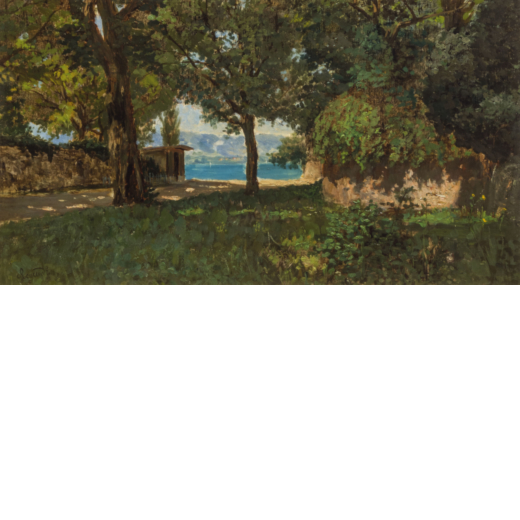 ENRICO REYCEND Torino, 1855 - 1928<br>Sul lago dOrta<br>Firmato Reycend E in basso a sinistra <br>Ol
