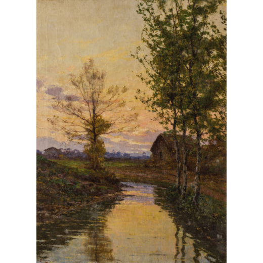 LUIGI CLARA Torino, 1875 - Genova, 1925<br>Paesaggio fluviale al sorgere del sole  <br>Firmato L Cla