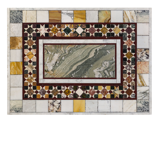 PIANO CAMPIONARIO IN MARMI DIVERSI, XX SECOLO a decoro geometrico, riserva centrale in marmo cipolli