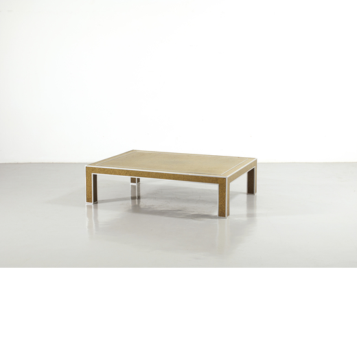 ROMEO REGA   Tavolino da centro. Profilato in alluminio, legno impiallacciato sughero. Italia anni 7