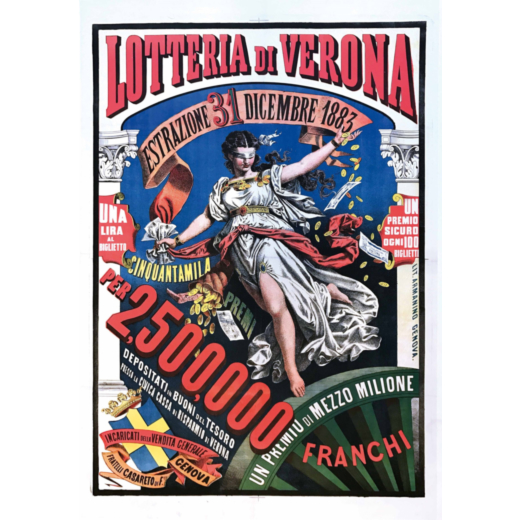 Manifesto Litografia Originale [Telato] Lotteria Verona, Estrazione 31 Dicembre 1883<br>Illustrazion