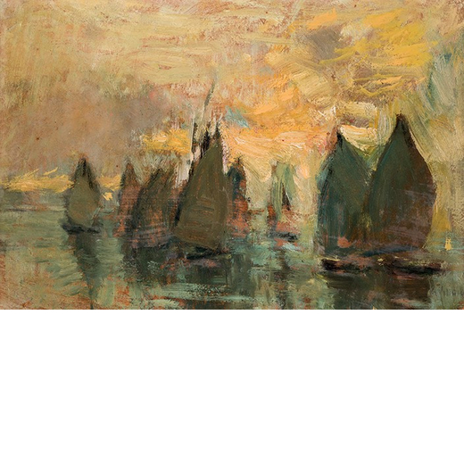 GENNARO VILLANI Napoli 1885 - Milano 1948<br>Barche al tramonto <br>Firmato G Villani in basso a des
