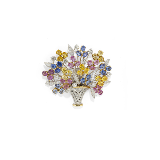 BROCHE JARDINEN OR, SAPHIRS COLORES ET DIAMANTS conçue comme un vase de fleurs en saphirs colorés 