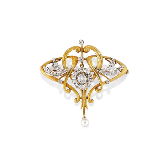 SPILLA/PENDENTE IN ORO, PERLA E DIAMANTI, CIRCA 1915 a forma di volute decorate con diamanti taglio 