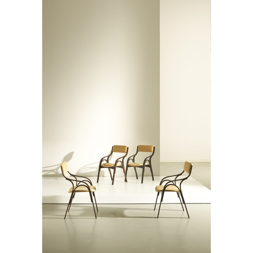 Giuseppe Brusadelli (20th c.) Series of four armchairs<br>Counter plated curved, brass and fabric<br