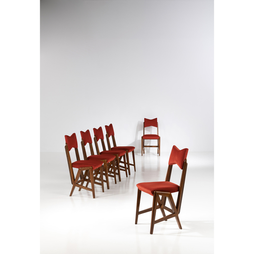 Luigi Scremin (1896-1983) Set of six chairs<br>Wood and velvet<br>Model created circa 1950<br>H 86XL