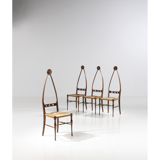 Pozzi and Verga (20th c.) Set of four chairs<br>Walnut and rope<br>Edited by Pozzi & Verga<br>Model 